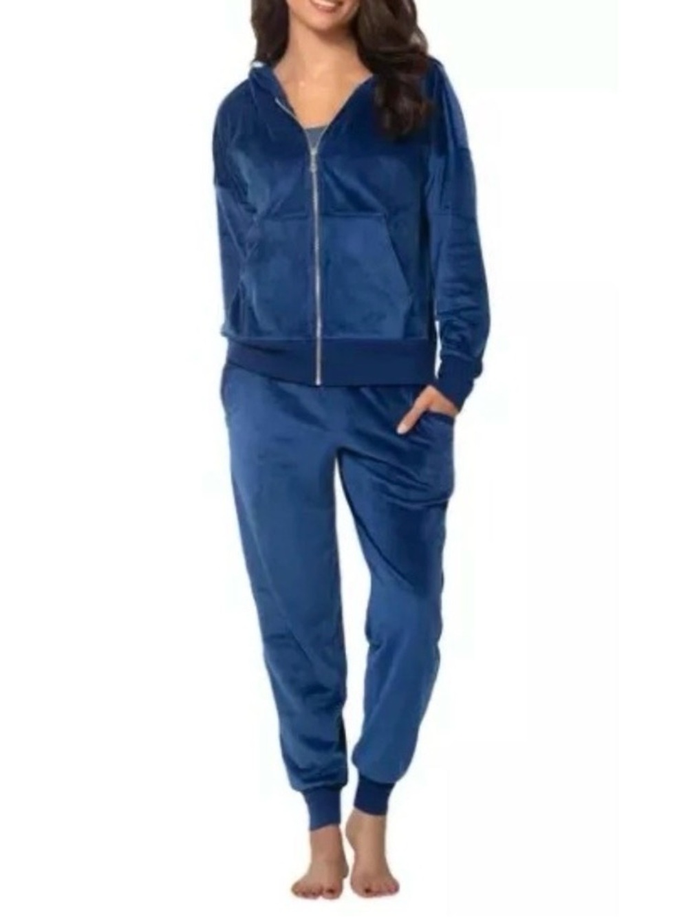 Felina Blue Velour Zip-Front Jogger Set. Size S